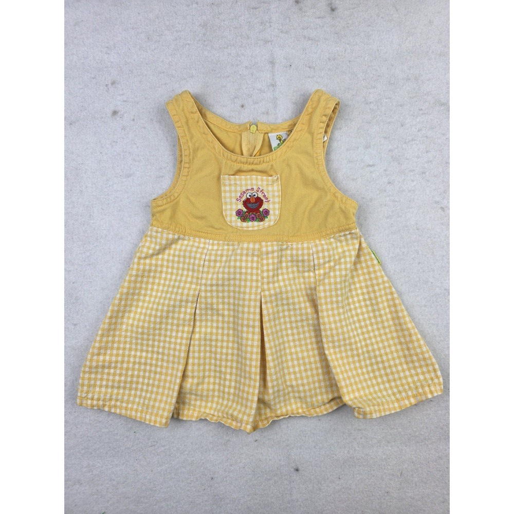 Vintage‎ Sesame Street Elmo Gingham Jumper Dress Girls 18M  Big Bird Tag Yellow